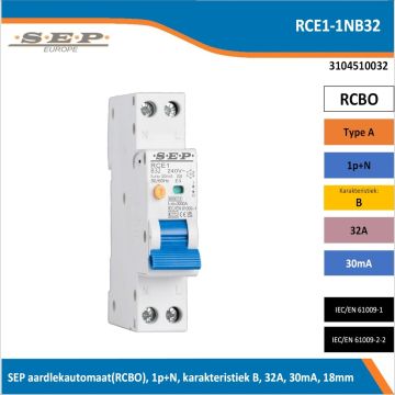 SEP RCE1-1NB32 aardlekautomaat RCBO 1P+N, B-karakteristiek, 32A, 30mA, 6kA - artikelnummer 3104510032 - spanningsafhankelijk - 18mm breed