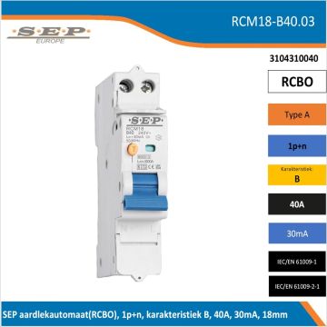 Schotman Elektro B.V. – SEP spanningsonafhankelijke aardlekautomaat, B-kar, 40A, 30mA, 18mm, 1 module