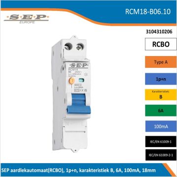 Schotman Elektro B.V. – SEP spanningsonafhankelijke aardlekautomaat, B-kar, 6A, 100mA, 18mm, 1 module