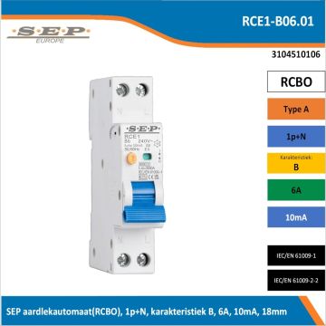 SEP RCE1-B06.01 aardlekautomaat RCBO 1P+N, B-karakteristiek, 6A, 10mA, 6kA - artikelnummer 3104510106 - spanningsafhankelijk - 18mm breed