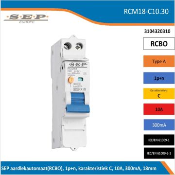 Schotman Elektro B.V. – SEP spanningsonafhankelijke aardlekautomaat, C-kar, 10A, 300mA, 18mm, 1 module