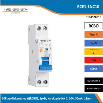 SEP RCE1-1NC10 aardlekautomaat RCBO 1P+N, C-karakteristiek, 10A, 30mA, 6kA - artikelnummer 3104520010 - spanningsafhankelijk - 18mm breed