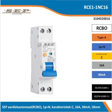 SEP RCE1-1NC16 aardlekautomaat RCBO 1P+N, C-karakteristiek, 16A, 30mA, 6kA - artikelnummer 3104520016 - spanningsafhankelijk - 18mm breed