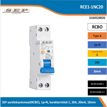 SEP RCE1-1NC20 aardlekautomaat RCBO 1P+N, C-karakteristiek, 20A, 30mA, 6kA - artikelnummer 3104520020 - spanningsafhankelijk - 18mm breed