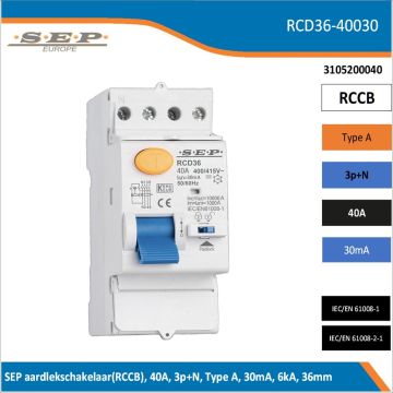 SEP RCD36-40030 aardlekschakelaar – compacte 4-polige RCCB 40A / 30mA in behuizing, zij- en vooraanzicht