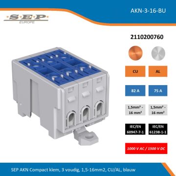 SEP AKN-3-16-BU compacte aansluitklem 3-voudig, geschikt voor koper en aluminium 1,5-16 mm², blauw – 1000 V AC / 1500 V DC, artikel 2110200760