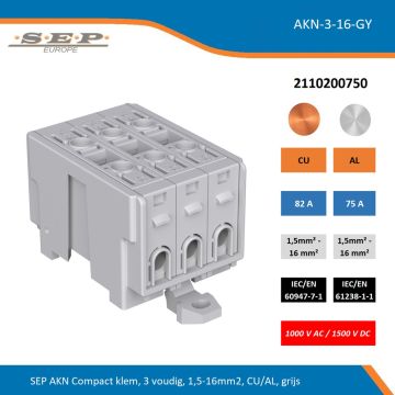 SEP AKN Compact klem, 3 voudig, 1,5-16mm2, CU/AL, grijs