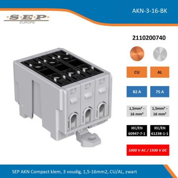 SEP AKN Compact klem, 3 voudig, 1,5-16mm2, CU/AL, zwart