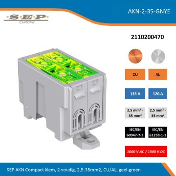 SEP AKN-2-35-GNGY compacte aansluitklem 2-voudig, geschikt voor koper en aluminium 2,5-35 mm², groen-geel – 1000 V AC / 1500 V DC, artikel 2110200470