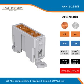 SEP AKN-1-16-BN compacte aansluitklem 1-voudig, geschikt voor koper en aluminium 1,5-16 mm², bruin – 1000 V AC / 1500 V DC, artikel 2110200010