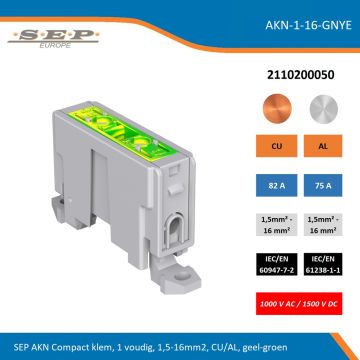 SEP AKN-1-16-GNYE compacte aansluitklem 1-voudig, geschikt voor koper en aluminium 1,5-16 mm², grijs – 1000 V AC / 1500 V DC, artikel 2110200050