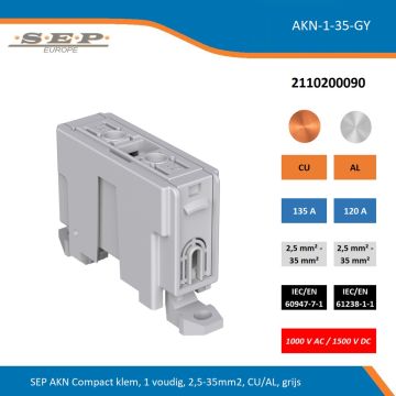 SEP AKN-1-35-GY compacte aansluitklem 1-voudig, geschikt voor koper en aluminium 2,5-35 mm², grijs – 1000 V AC / 1500 V DC, artikel 2110200090