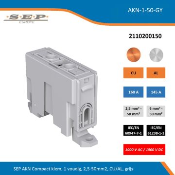 SEP AKN-1-50-GY compacte aansluitklem 1-voudig, geschikt voor koper en aluminium 2,5-50 mm², grijs – 1000 V AC / 1500 V DC, artikel 2110200150