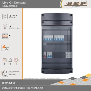 SEP Europe - Live-On Compact, LC42a-201000-C1, 40A, 1-fase groepenkast, 10-lichtgroepen,  1V-contactdoos, technische gegevens