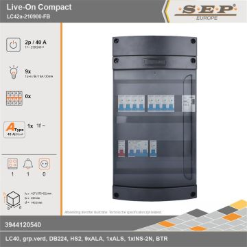 SEP Europe - Live-On Compact, LC42a-210900-FB, 40A, 1-fase groepenkast, 9-lichtgroepen, 1-fornuisgroep, 1-beltrafo, technische gegevens