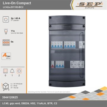 SEP Europe - Live-On Compact, LC42a-201100-BC2, 40A, 1-fase groepenkast, 11-lichtgroepen, 1-beltrafo,  2V-contactdoos, technische gegevens