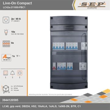 SEP Europe - Live-On Compact, LC42a-211000-FBC1, 40A, 1-fase groepenkast, 10-lichtgroepen, 1-fornuisgroep, 1-beltrafo,  1V-contactdoos, technische gegevens