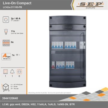 SEP Europe - Live-On Compact, LC42a-211100-FB, 40A, 1-fase groepenkast, 11-lichtgroepen, 1-fornuisgroep, 1-beltrafo, technische gegevens
