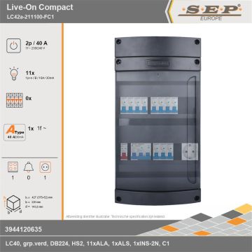 SEP Europe - Live-On Compact, LC42a-211100-FC1, 40A, 1-fase groepenkast, 11-lichtgroepen, 1-fornuisgroep,  1V-contactdoos, technische gegevens
