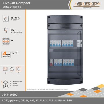 SEP Europe - Live-On Compact, LC42a-211200-FB, 40A, 1-fase groepenkast, 12-lichtgroepen, 1-fornuisgroep, 1-beltrafo, technische gegevens