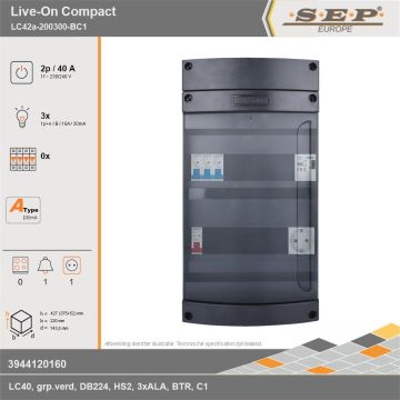 SEP Europe - Live-On Compact, LC42a-200300-BC1, 40A, 1-fase groepenkast, 3-lichtgroepen, 1-beltrafo,  1V-contactdoos, technische gegevens