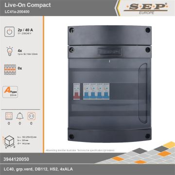 SEP Europe - Live-On Compact, LC41a-200400, 40A, 1-fase groepenkast, 4-lichtgroepen, technische gegevens