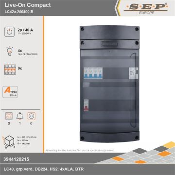 SEP Europe - Live-On Compact, LC42a-200400-B, 40A, 1-fase groepenkast, 4-lichtgroepen, 1-beltrafo, technische gegevens