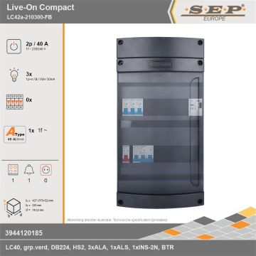 SEP Europe - Live-On Compact, LC42a-210300-FB, 40A, 1-fase groepenkast, 3-lichtgroepen, 1-fornuisgroep, 1-beltrafo, technische gegevens