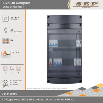 SEP Europe - Live-On Compact, LC42a-210300-FBC1, 40A, 1-fase groepenkast, 3-lichtgroepen, 1-fornuisgroep, 1-beltrafo,  1V-contactdoos, technische gegevens