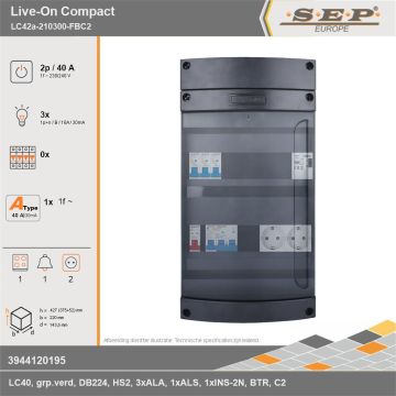 SEP Europe - Live-On Compact, LC42a-210300-FBC2, 40A, 1-fase groepenkast, 3-lichtgroepen, 1-fornuisgroep, 1-beltrafo,  2V-contactdoos, technische gegevens