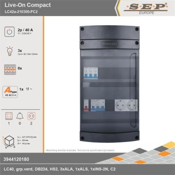 SEP Europe - Live-On Compact, LC42a-210300-FC2, 40A, 1-fase groepenkast, 3-lichtgroepen, 1-fornuisgroep,  2V-contactdoos, technische gegevens