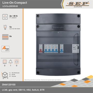 SEP Europe - Live-On Compact, LC41a-200500-B, 40A, 1-fase groepenkast, 5-lichtgroepen, 1-beltrafo, technische gegevens