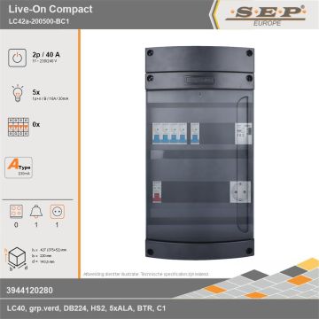 SEP Europe - Live-On Compact, LC42a-200500-BC1, 40A, 1-fase groepenkast, 5-lichtgroepen, 1-beltrafo,  1V-contactdoos, technische gegevens