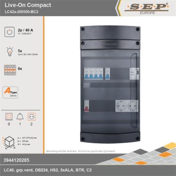 SEP Europe - Live-On Compact, LC42a-200500-BC2, 40A, 1-fase groepenkast, 5-lichtgroepen, 1-beltrafo,  2V-contactdoos, technische gegevens