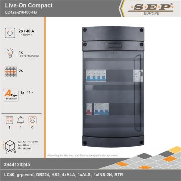 SEP Europe - Live-On Compact, LC42a-210400-FB, 40A, 1-fase groepenkast, 4-lichtgroepen, 1-fornuisgroep, 1-beltrafo, technische gegevens