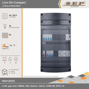 SEP Europe - Live-On Compact, LC42a-210400-FBC2, 40A, 1-fase groepenkast, 4-lichtgroepen, 1-fornuisgroep, 1-beltrafo,  2V-contactdoos, technische gegevens