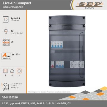 SEP Europe - Live-On Compact, LC42a-210400-FC2, 40A, 1-fase groepenkast, 4-lichtgroepen, 1-fornuisgroep,  2V-contactdoos, technische gegevens