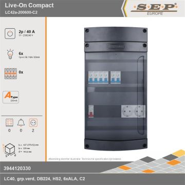 SEP Europe - Live-On Compact, LC42a-200600-C2, 40A, 1-fase groepenkast, 6-lichtgroepen,  2V-contactdoos, technische gegevens