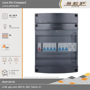 SEP Europe - Live-On Compact, LC41a-200700-BC1, 40A, 1-fase groepenkast, 7-lichtgroepen, 1-beltrafo,  1V-contactdoos, technische gegevens
