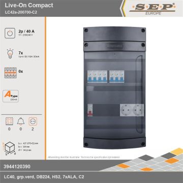 SEP Europe - Live-On Compact, LC42a-200700-C2, 40A, 1-fase groepenkast, 7-lichtgroepen,  2V-contactdoos, technische gegevens
