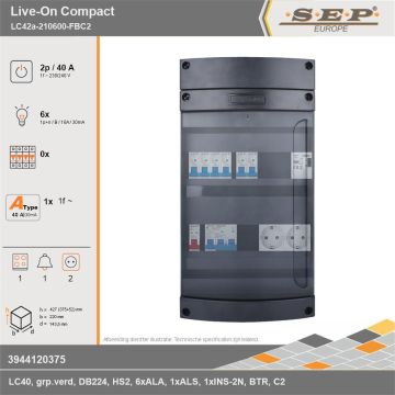 SEP Europe - Live-On Compact, LC42a-210600-FBC2, 40A, 1-fase groepenkast, 6-lichtgroepen, 1-fornuisgroep, 1-beltrafo,  2V-contactdoos, technische gegevens