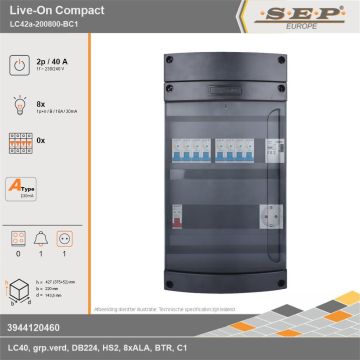 SEP Europe - Live-On Compact, LC42a-200800-BC1, 40A, 1-fase groepenkast, 8-lichtgroepen, 1-beltrafo,  1V-contactdoos, technische gegevens