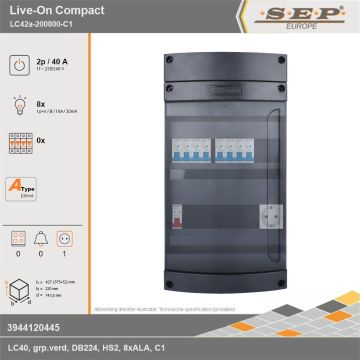 SEP Europe - Live-On Compact, LC42a-200800-C1, 40A, 1-fase groepenkast, 8-lichtgroepen,  1V-contactdoos, technische gegevens