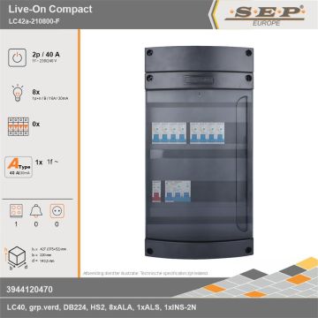 SEP Europe - Live-On Compact, LC42a-210800-F, 40A, 1-fase groepenkast, 8-lichtgroepen, 1-fornuisgroep, technische gegevens