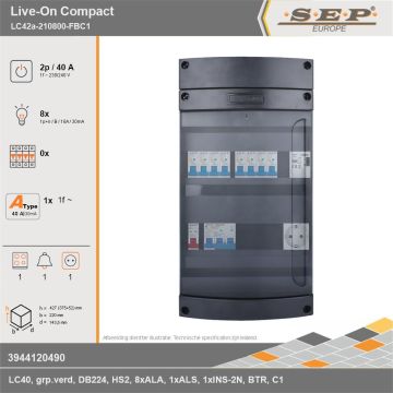 SEP Europe - Live-On Compact, LC42a-210800-FBC1, 40A, 1-fase groepenkast, 8-lichtgroepen, 1-fornuisgroep, 1-beltrafo,  1V-contactdoos, technische gegevens