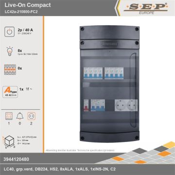 SEP Europe - Live-On Compact, LC42a-210800-FC2, 40A, 1-fase groepenkast, 8-lichtgroepen, 1-fornuisgroep,  2V-contactdoos, technische gegevens