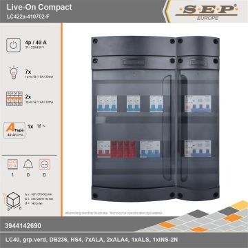 SEP Europe - Live-On Compact, LC422a-410702-F, 40A, 3-fase groepenkast, 7-lichtgroepen, 2-krachtgroepen, 1-fornuisgroep, technische gegevens