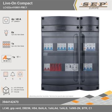 SEP Europe - Live-On Compact, LC422a-410801-FBC1, 40A, 3-fase groepenkast, 8-lichtgroepen, 1-krachtgroepen, 1-fornuisgroep, 1-beltrafo,  1V-contactdoos, technische gegevens