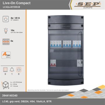 SEP Europe - Live-On Compact, LC42a-401000-B, 40A, 3-fase groepenkast, 10-lichtgroepen, 1-beltrafo, technische gegevens
