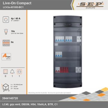 SEP Europe - Live-On Compact, LC43a-401000-BC1, 40A, 3-fase groepenkast, 10-lichtgroepen, 1-beltrafo,  1V-contactdoos, technische gegevens